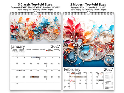 Calendario de pared Floral Grace 2026 de Kaleidoscope Artisan: Floración elegante con festividades