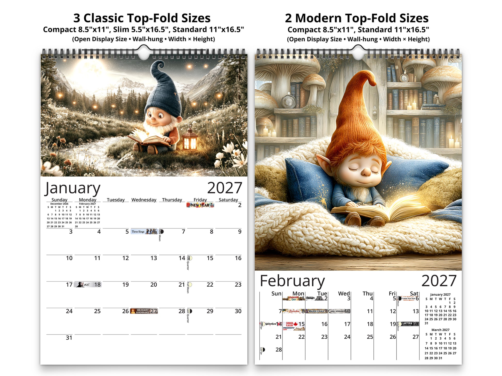 Gnome Book Club 2027 wall calendar classic and notes mid-fold calendar pages