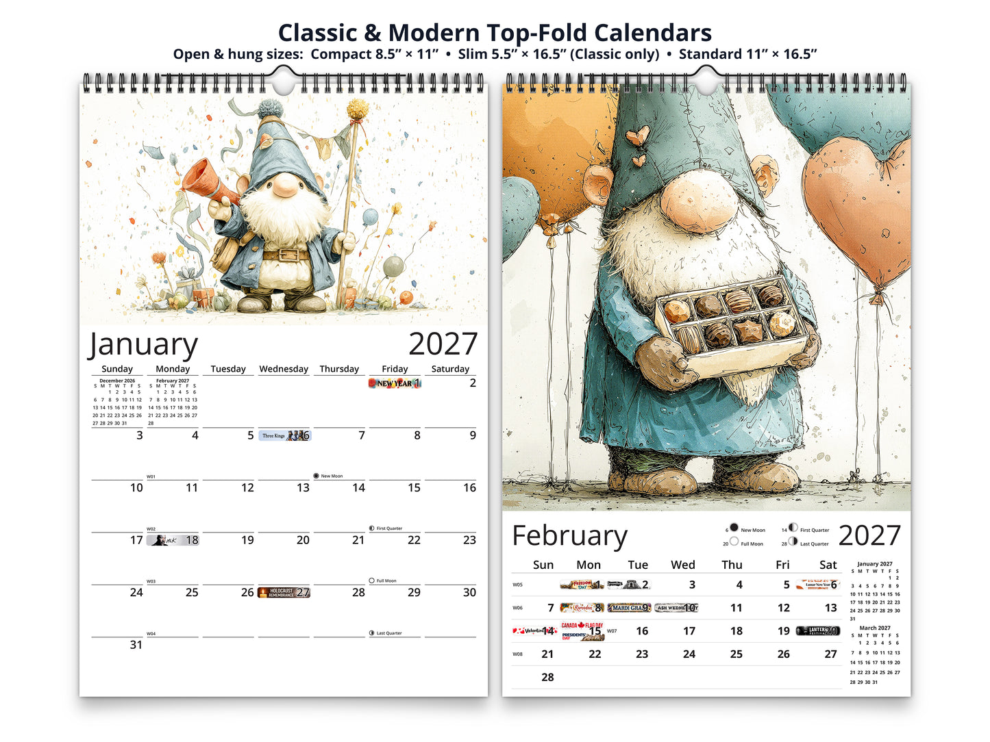 Gnome Holidays 2027 wall calendar top fold calendar interior pages