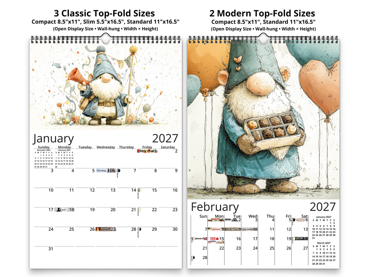 Two calendar pages for January and February 2027 with gnomes on a white background.