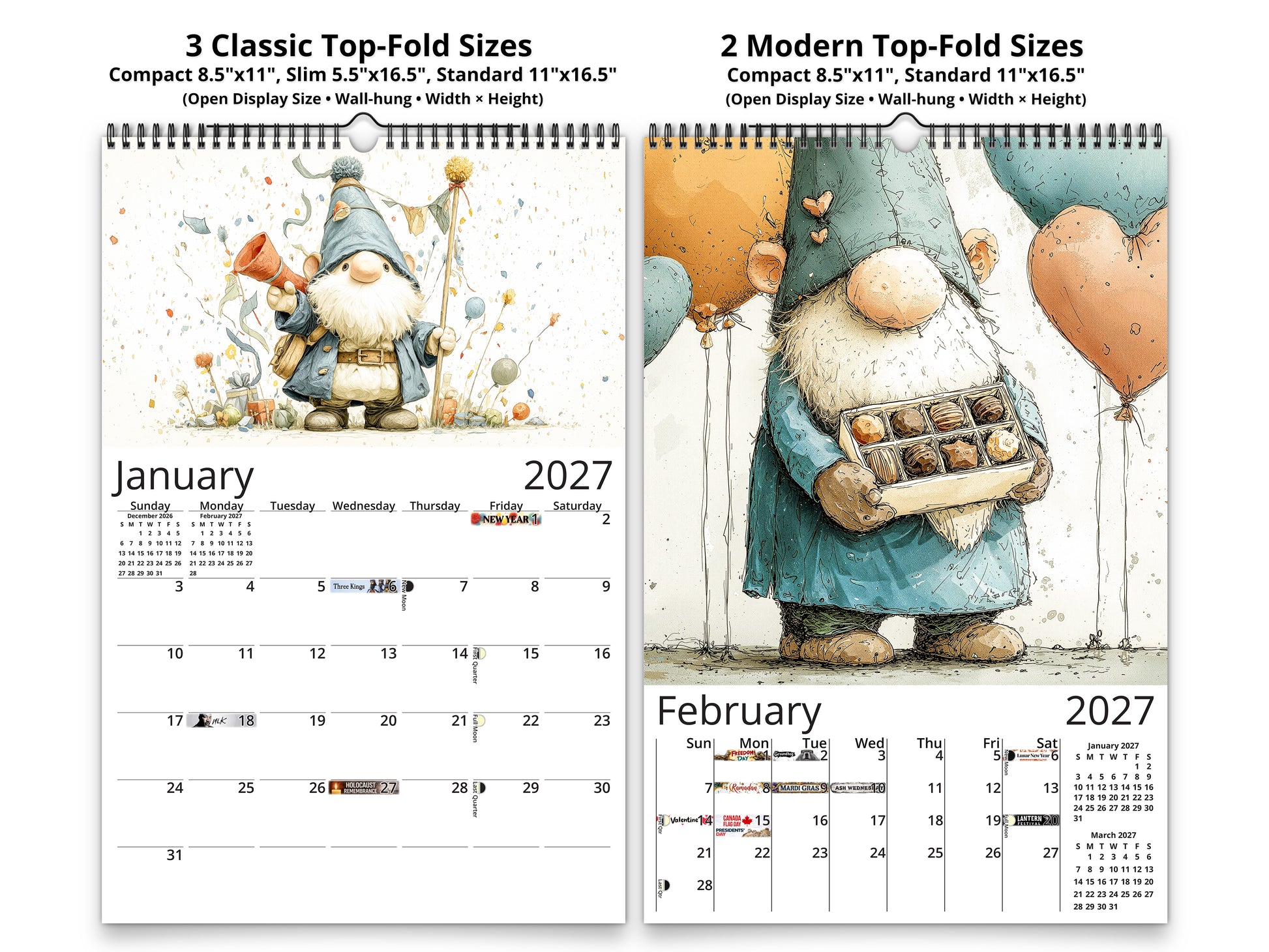 Two calendar pages for January and February 2027 with gnomes on a white background.