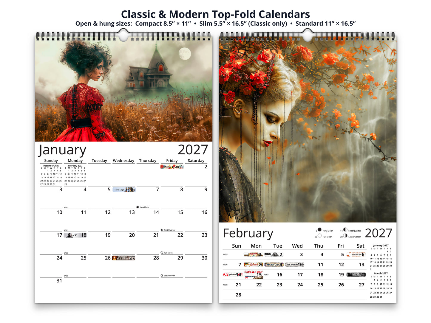 Gothic Dream 2027 wall calendar top fold calendar interior pages