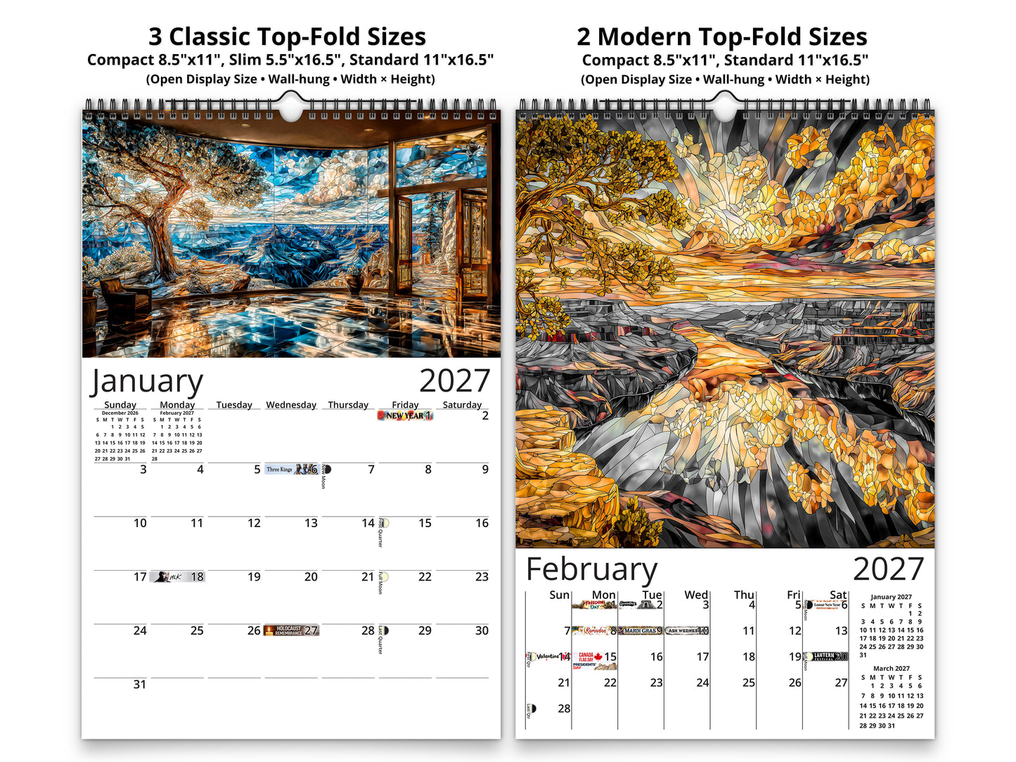 Grand Canyon Mosaic 2027 wall calendar classic and notes mid-fold calendar pages