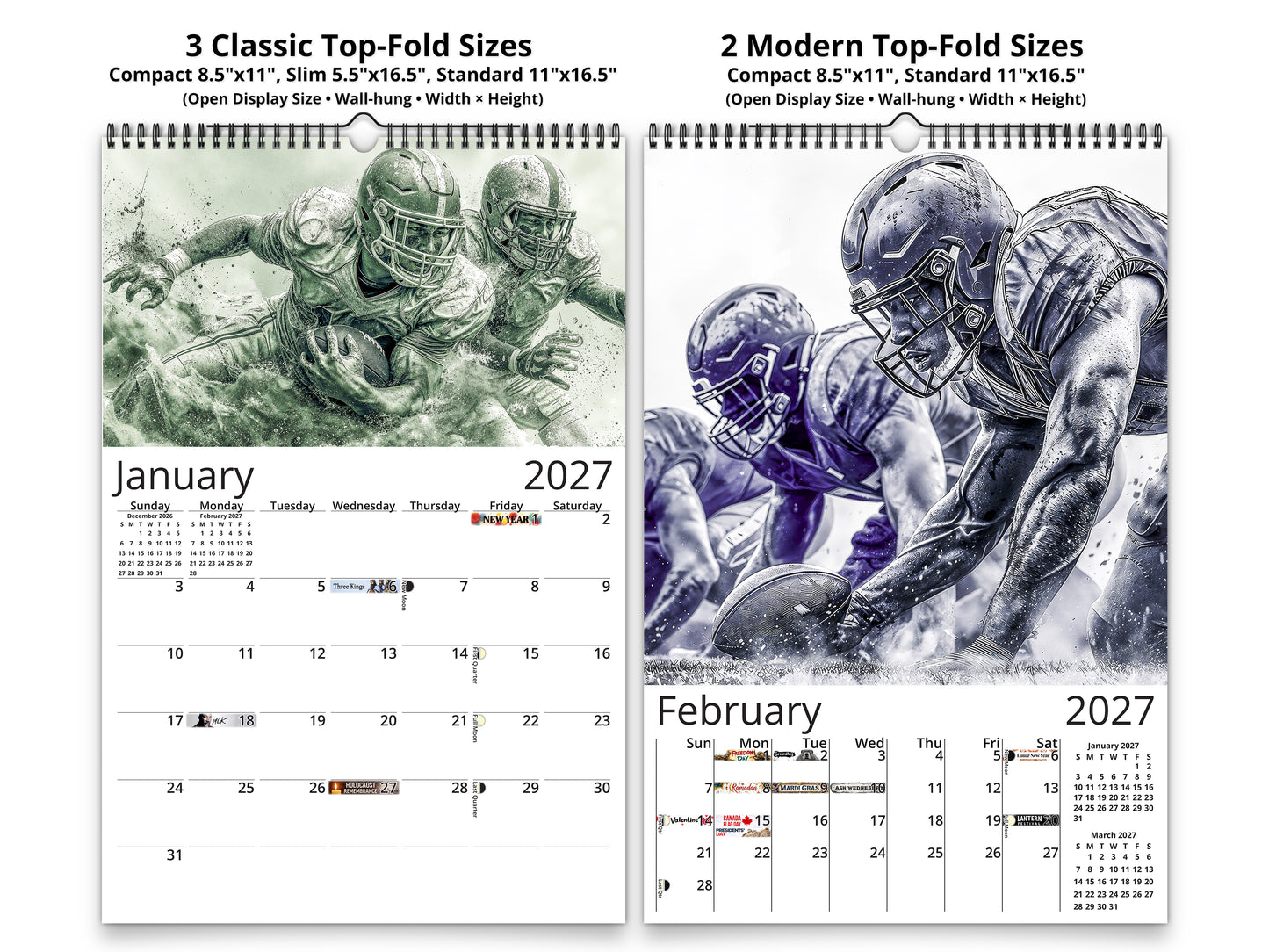 2027 Gridiron Football Wall Calendar by Kaleidoscope Artisan – Dynamic Action with Holidays