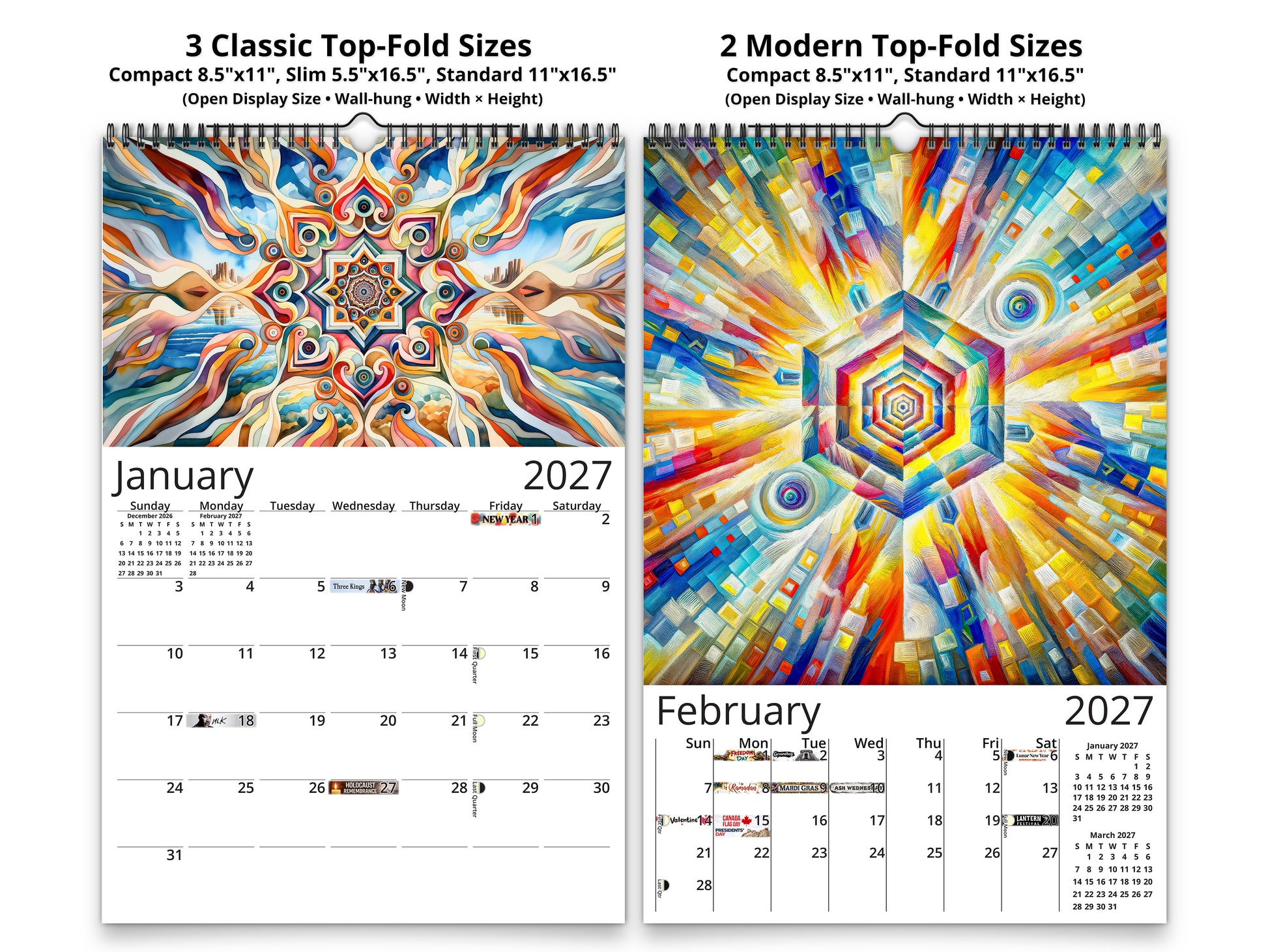 Kaleidoscopic Art 2027 wall calendar classic and notes mid-fold calendar pages