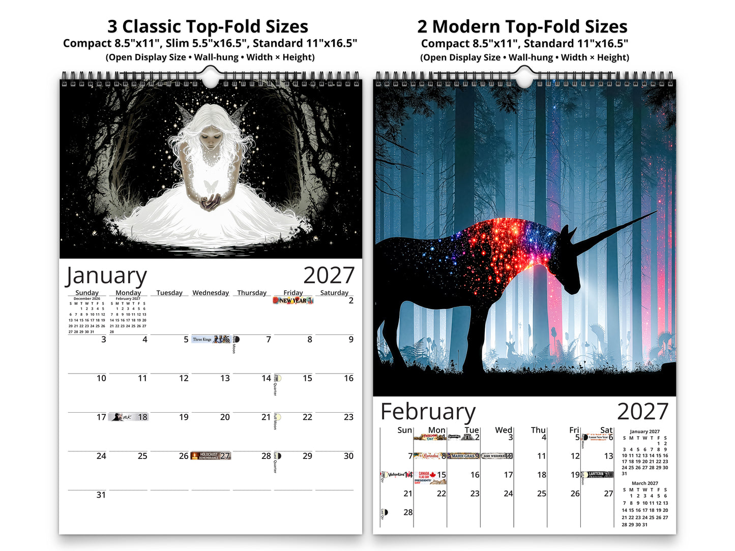 2027 Luminous Realms Wall Calendar by Kaleidoscope Artisan – Enchanted Fantasy with Holidays