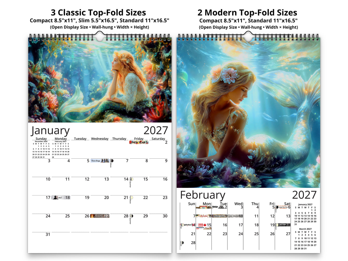 Mermaid 2027 wall calendar classic and notes mid-fold calendar pages