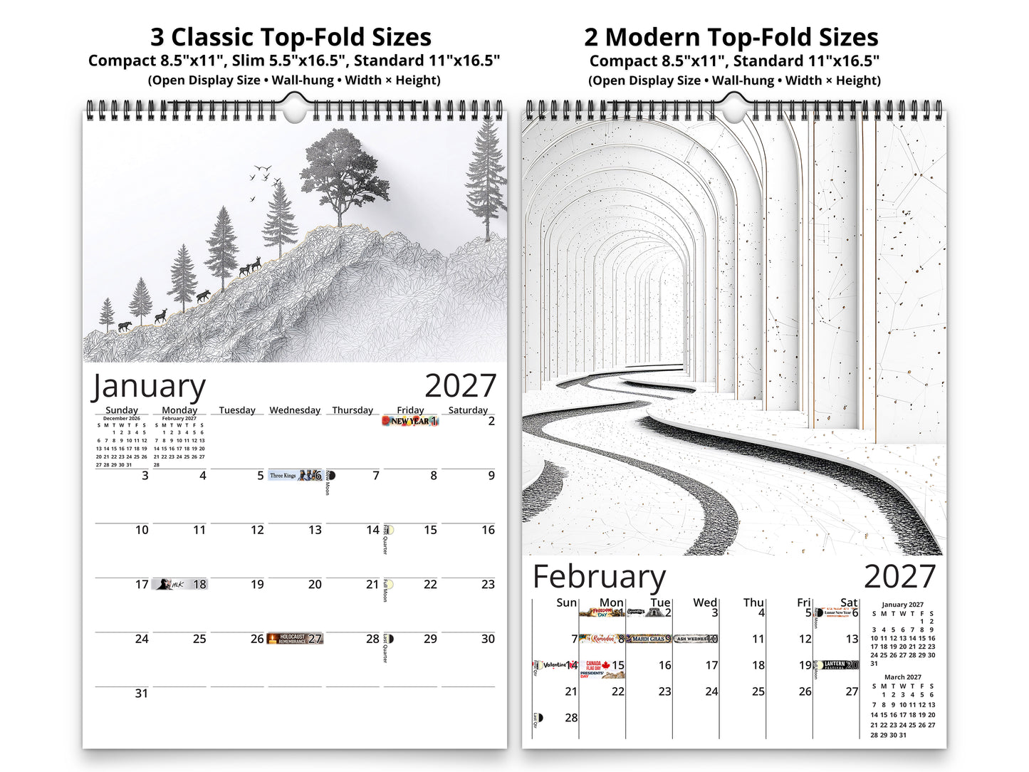 2027 Modern Lines Wall Calendar by Kaleidoscope Artisan – Refined Minimalism with Holidays