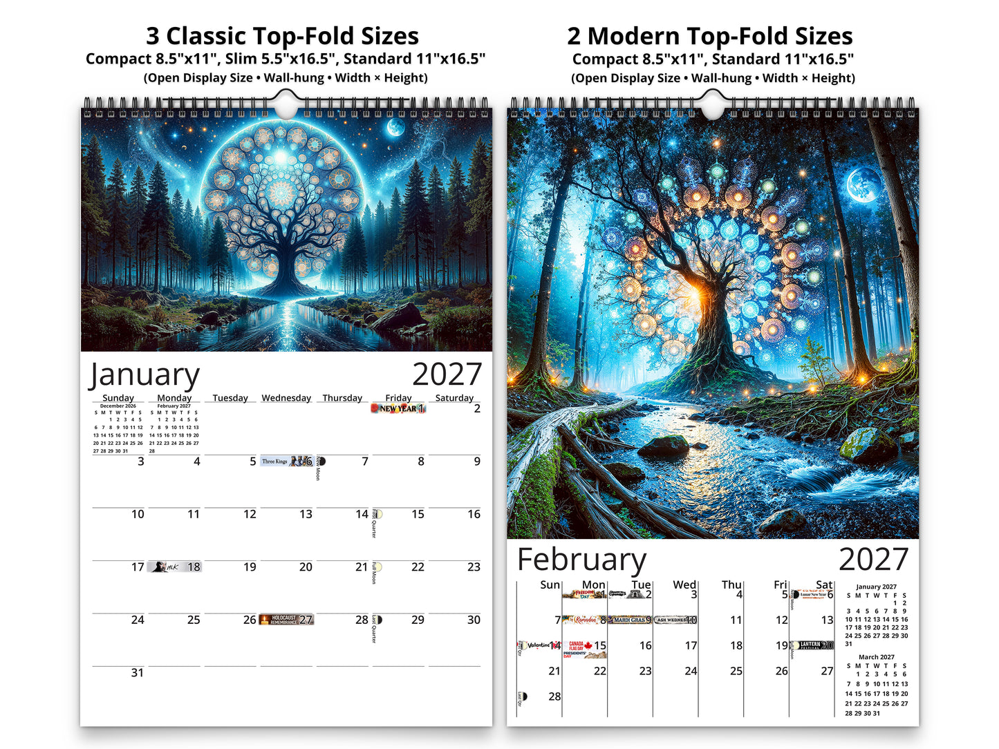 Moonlit Mystique 2027 wall calendar classic and notes mid-fold calendar pages