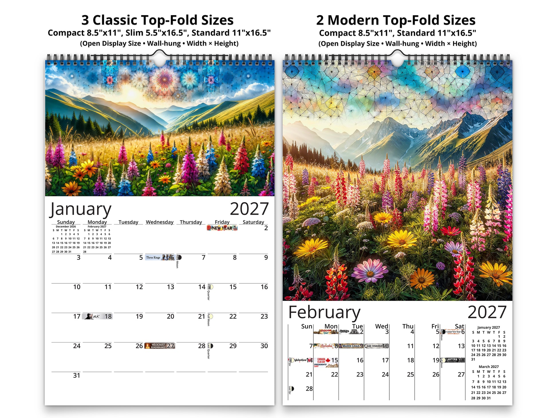 Mountain Wildflowers 2027 wall calendar classic and notes mid-fold calendar pages