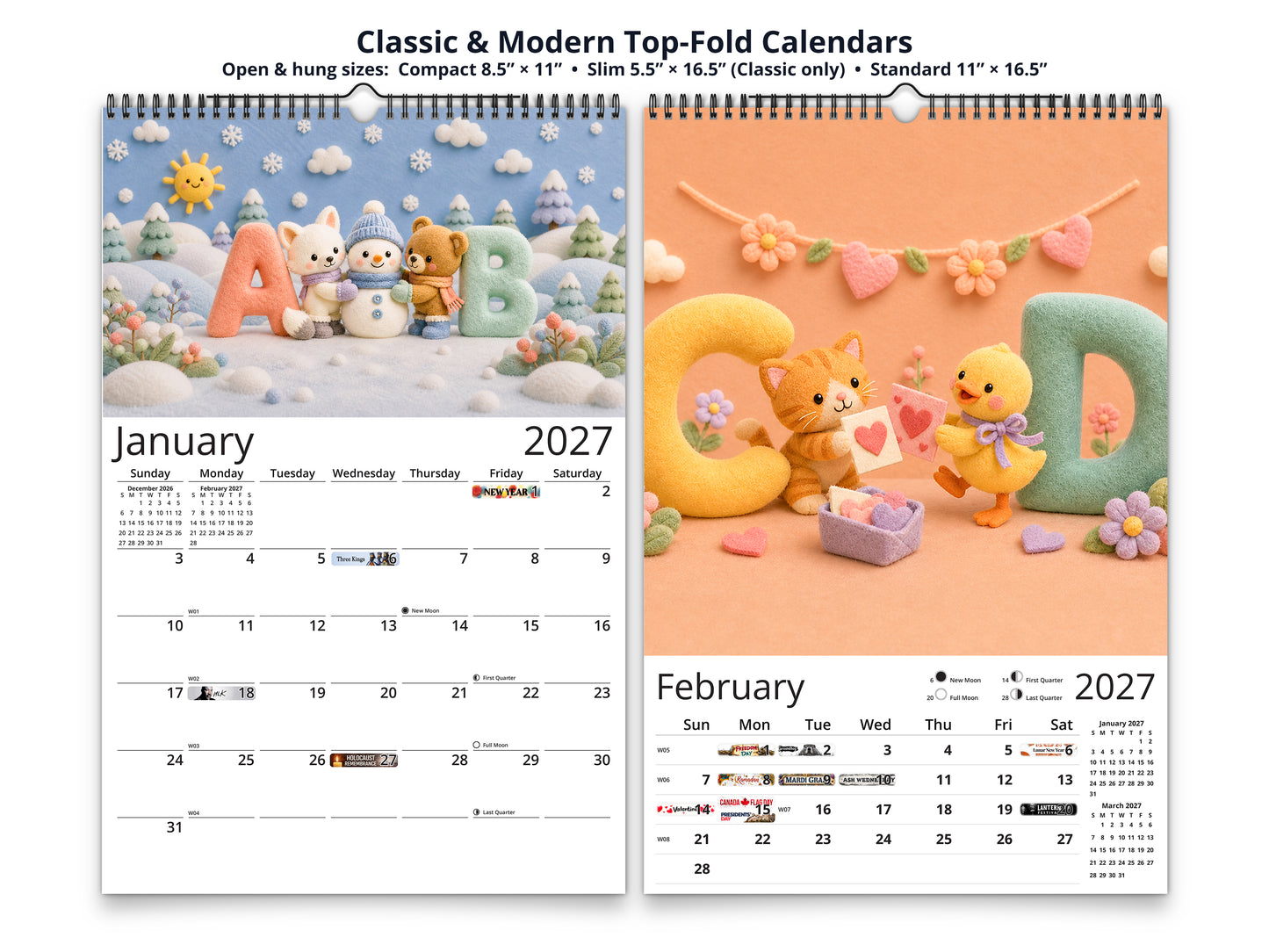 My ABC Adventure by Kaleidoscope Artisan - Playful Learning with Holidays 2027 wall calendar top fold calendar interior pages