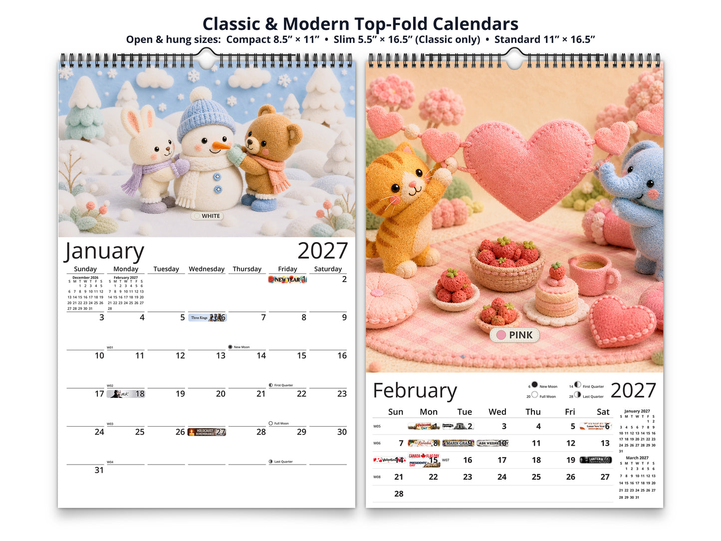 My Colors Adventure by Kaleidoscope Artisan - Whimsical Felt Friends with Holidays 2027 wall calendar top fold calendar interior pages