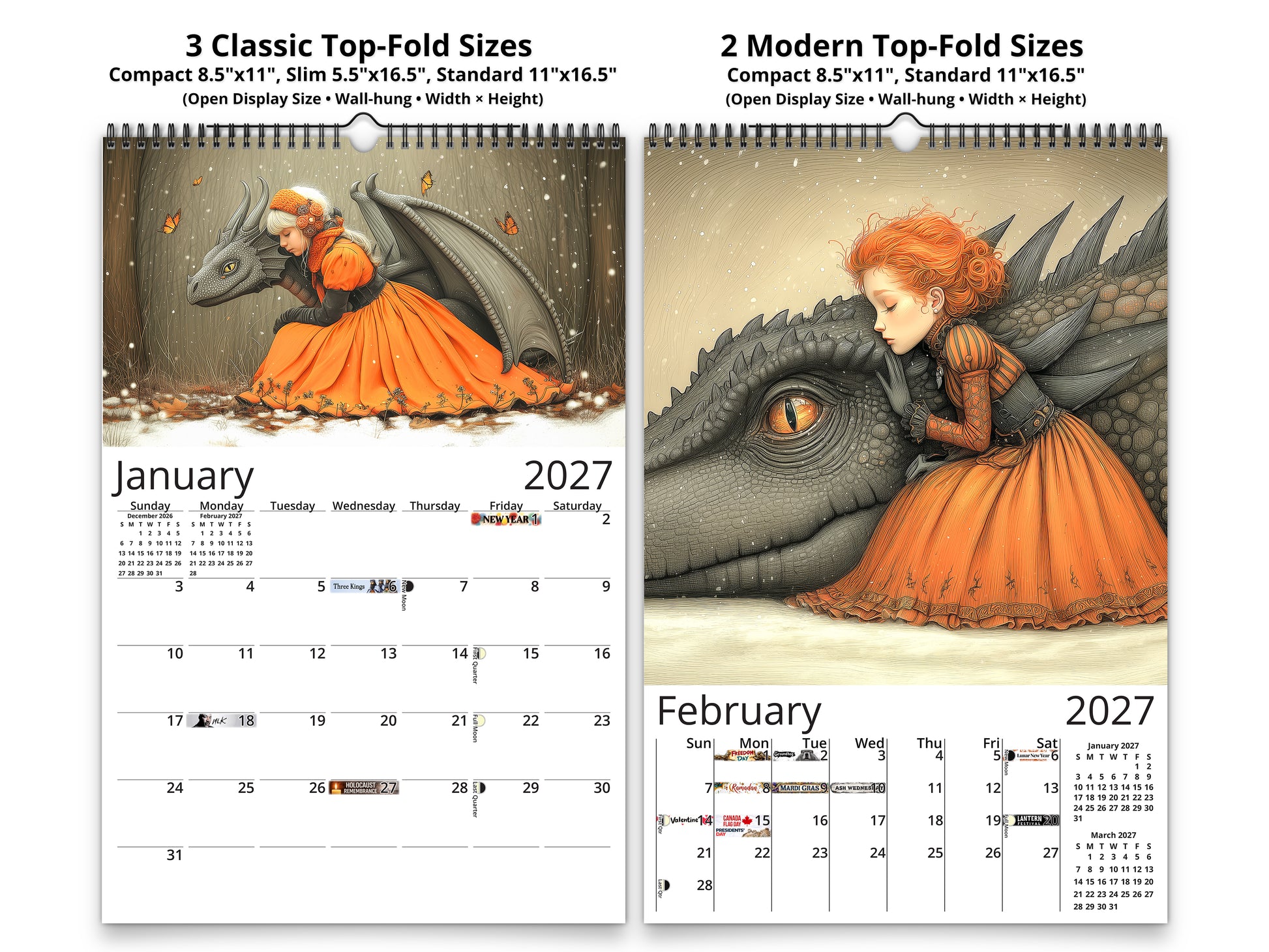 My Little Dragon Fantasy 2027 wall calendar classic and notes mid-fold calendar pages