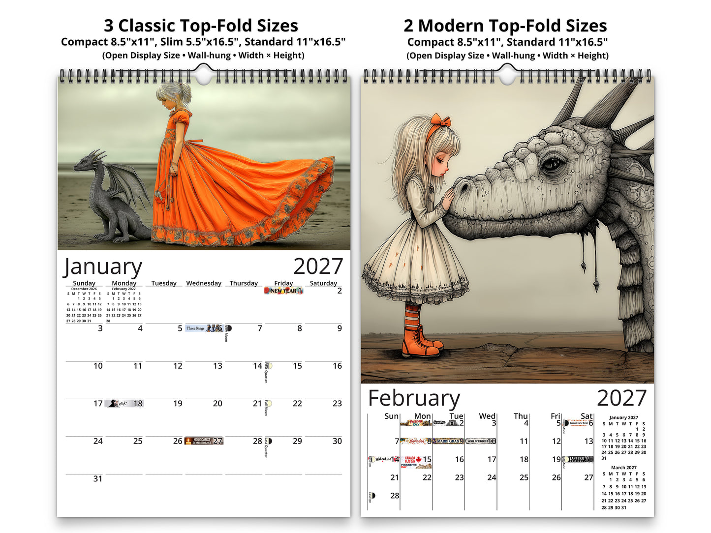My Little Dragon Princess 2027 wall calendar classic and notes mid-fold calendar pages