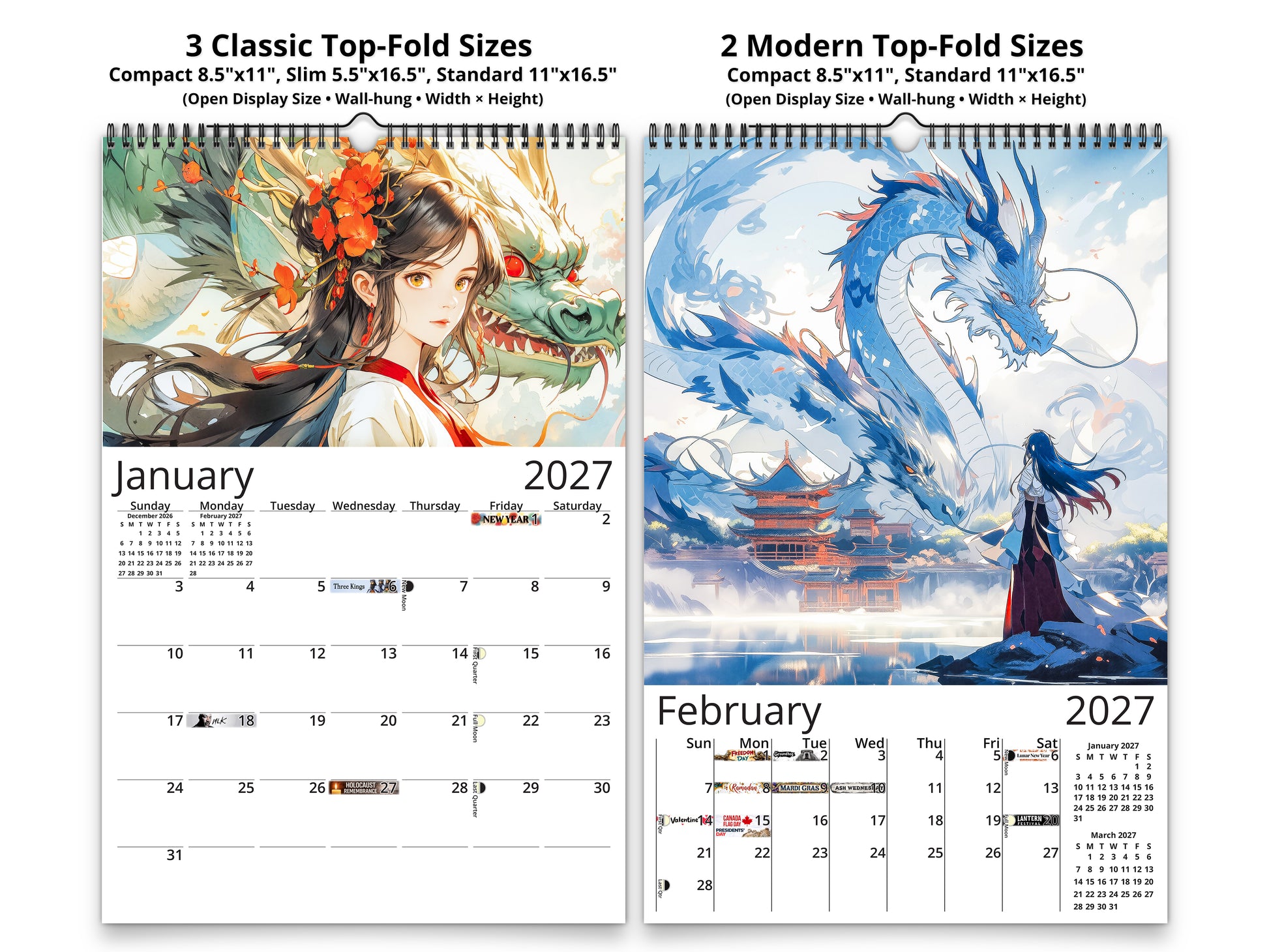 Mystic Skies 2027 wall calendar classic and notes mid-fold calendar pages
