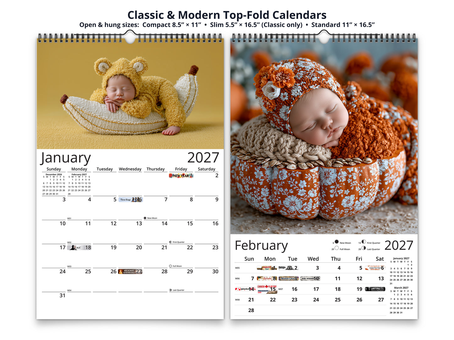 Newborn Baby 2027 wall calendar top fold calendar interior pages