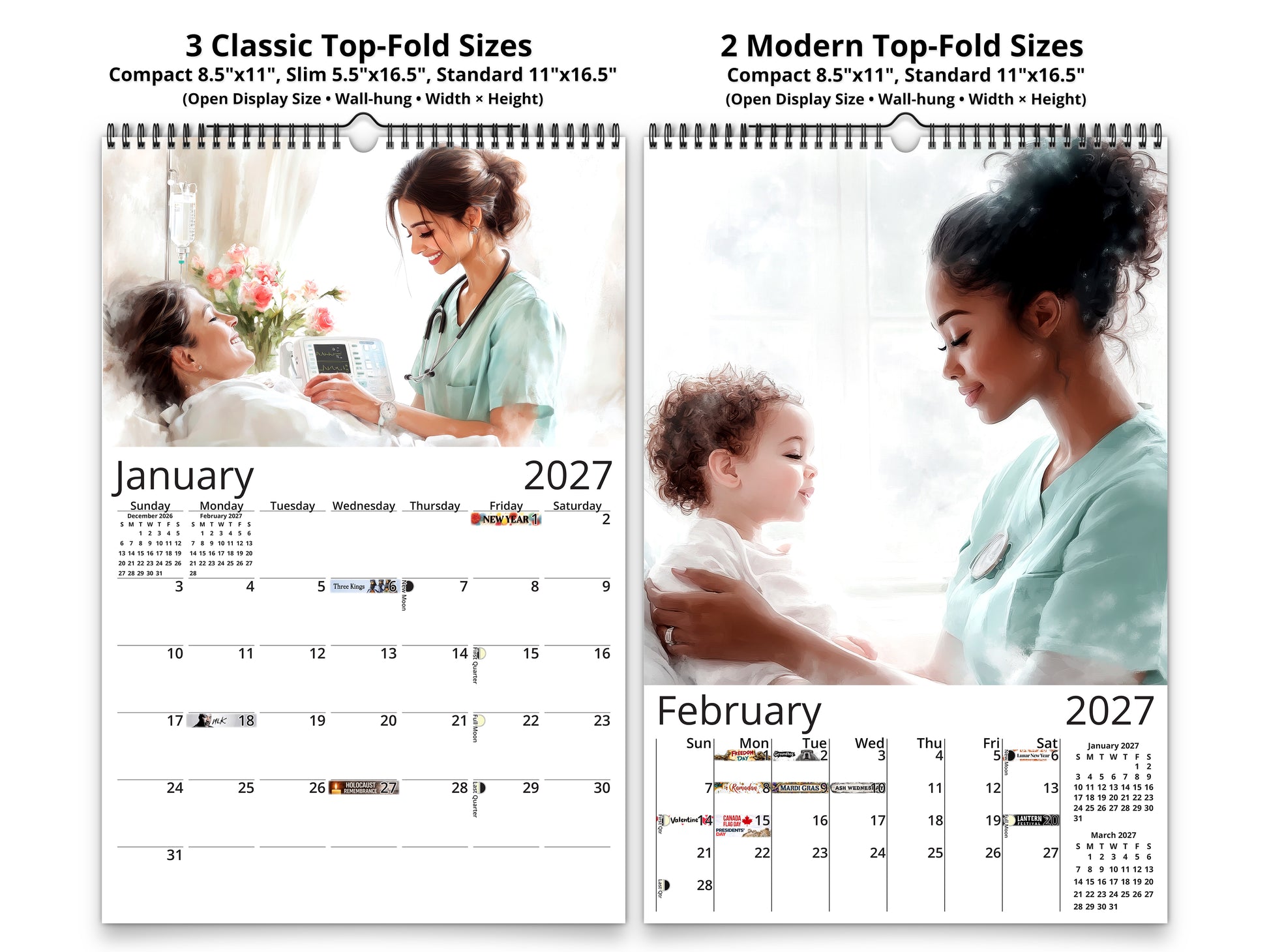 Nurse 2027 wall calendar classic and notes mid-fold calendar pages