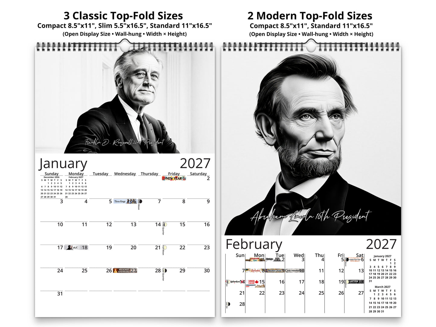 Presidential Legacy I 2027 wall calendar classic and notes mid-fold calendar pages