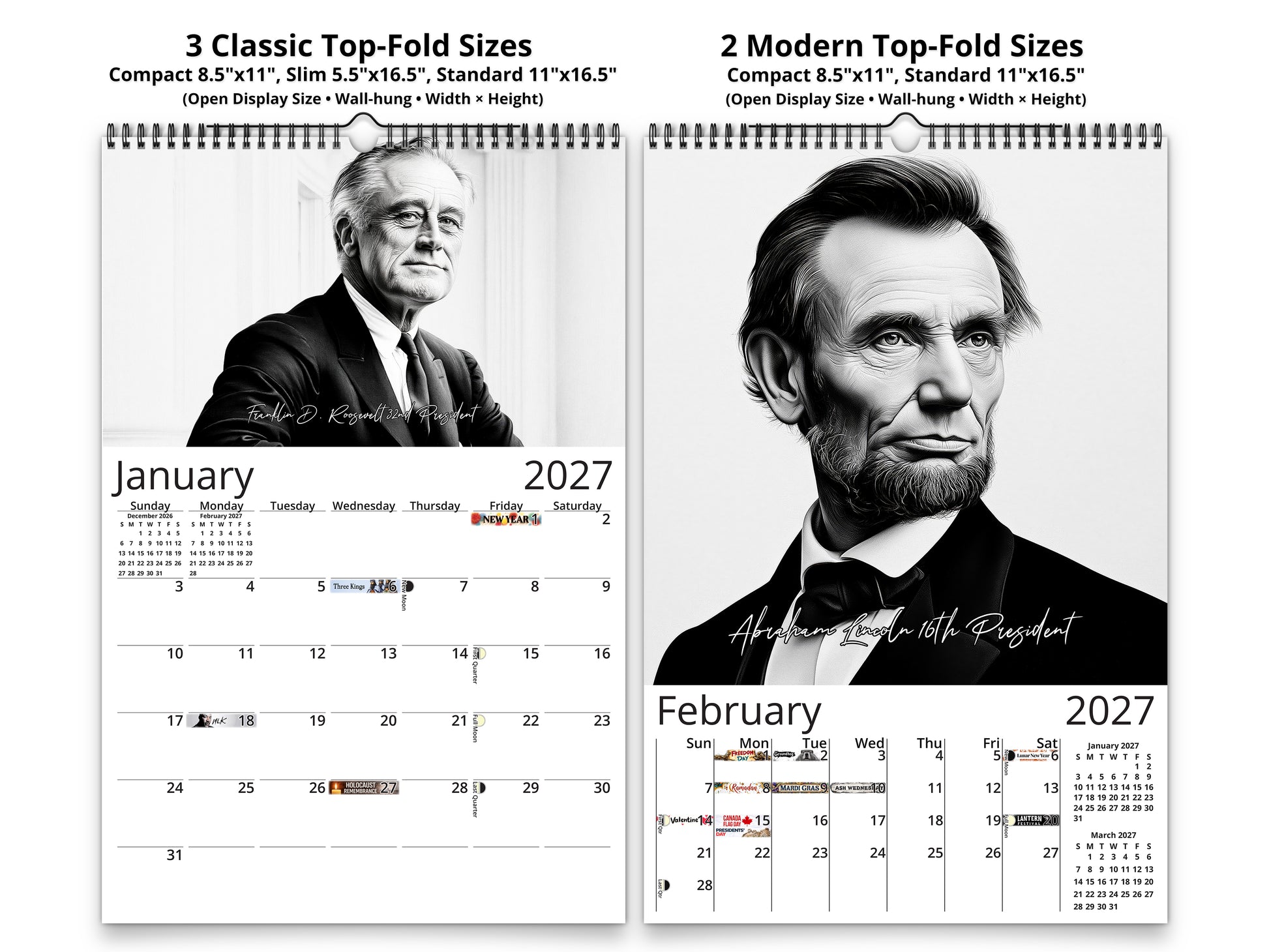 Presidential Legacy I 2027 wall calendar classic and notes mid-fold calendar pages