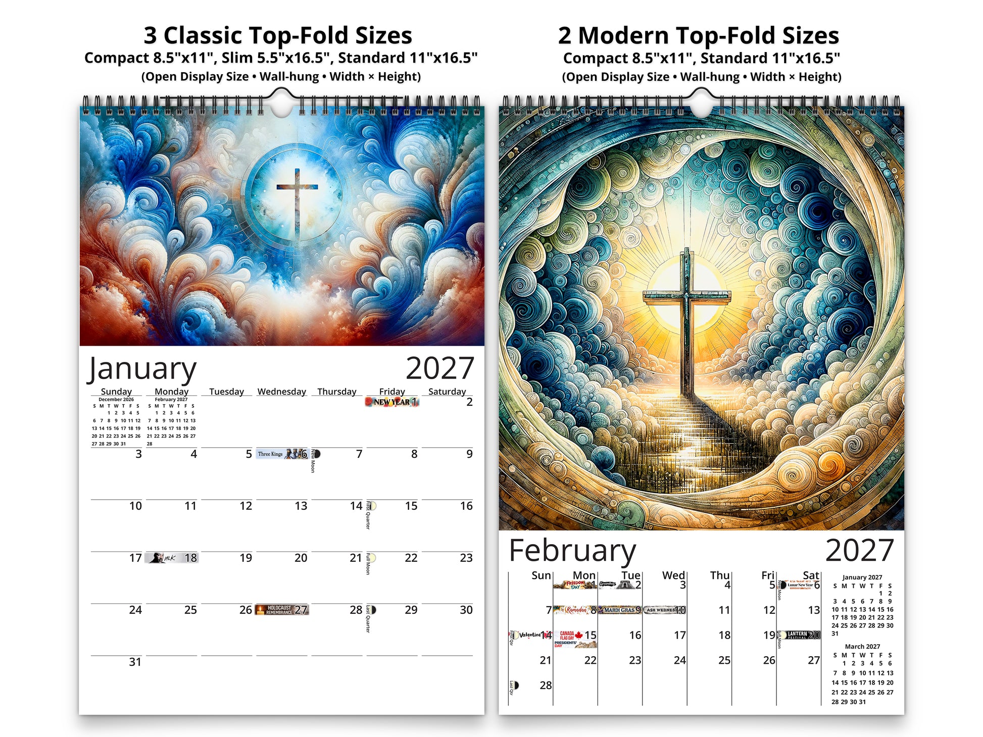 Radiant Cross 2027 wall calendar classic and notes mid-fold calendar pages