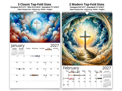 Radiant Cross 2027 wall calendar classic and notes mid-fold calendar pages