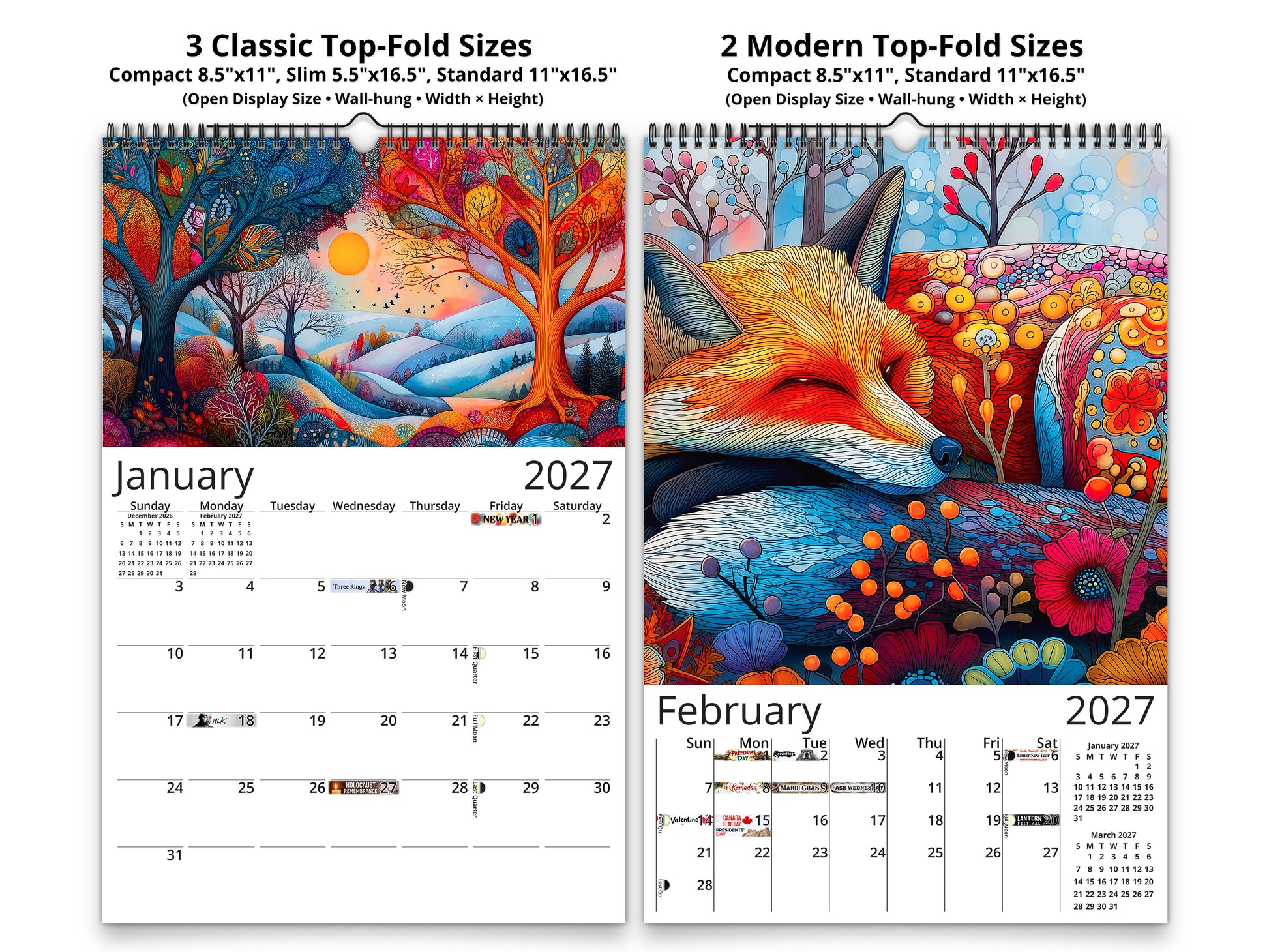 Two calendar pages for 2027 showing a colorful landscape and fox design, with text on sizes.