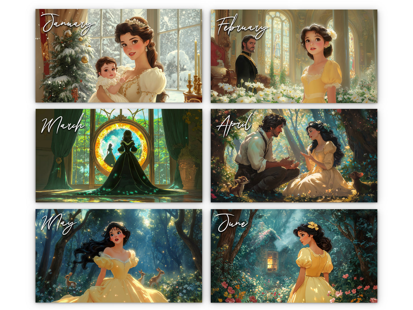 2026 Snow White Wall Calendar by Kaleidoscope Artisan – Enchanted Fairytale with Holidays