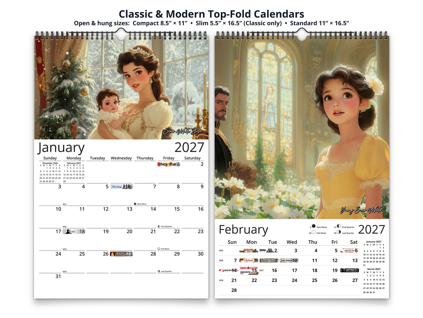Snow White 2027 wall calendar top fold calendar interior pages