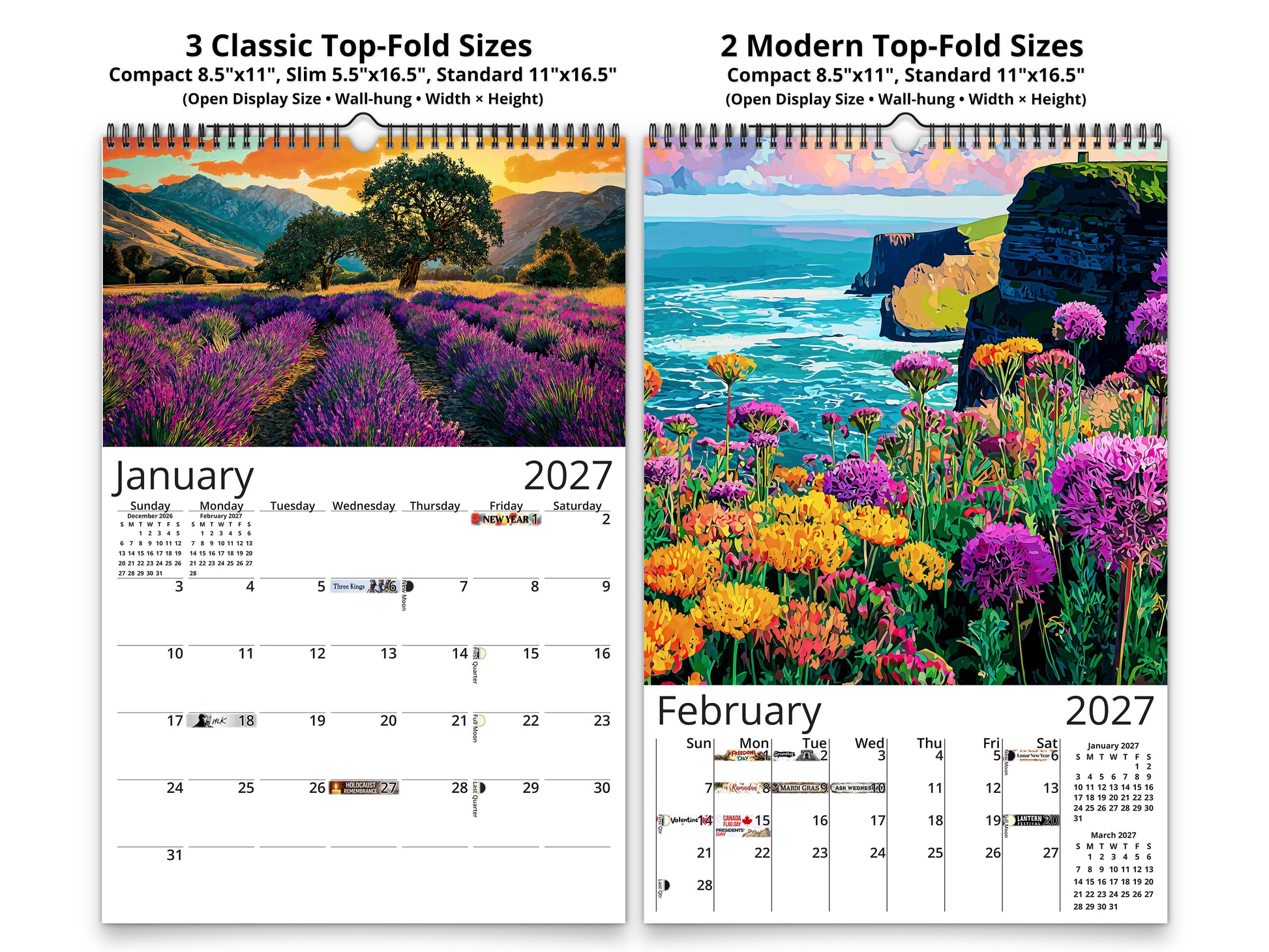 Spring Flowers 2027 wall calendar classic and notes mid-fold calendar pages