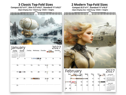 Steampunk Airship 2027 wall calendar classic and notes mid-fold calendar pages