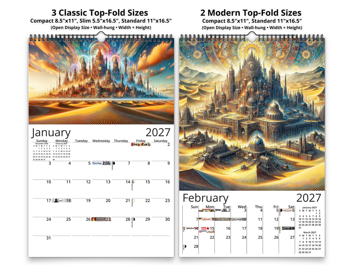 2027 Steampunk Sands Wall Calendar by Kaleidoscope Artisan – Desert Grandeur with Holidays