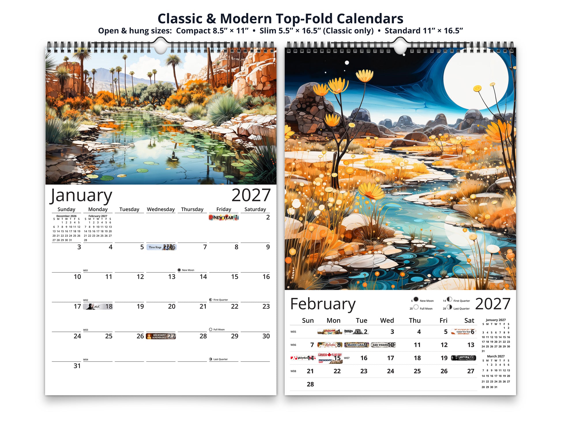 Surreal Canyon 2027 wall calendar top fold calendar interior pages