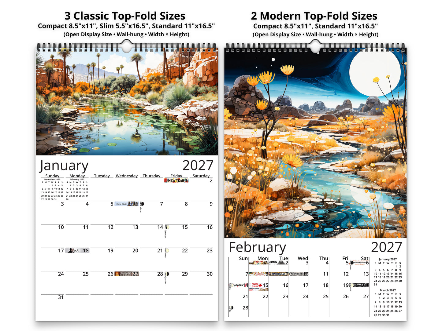 2027 Surreal Canyon Wall Calendar by Kaleidoscope Artisan – Desert Dreams with Holidays