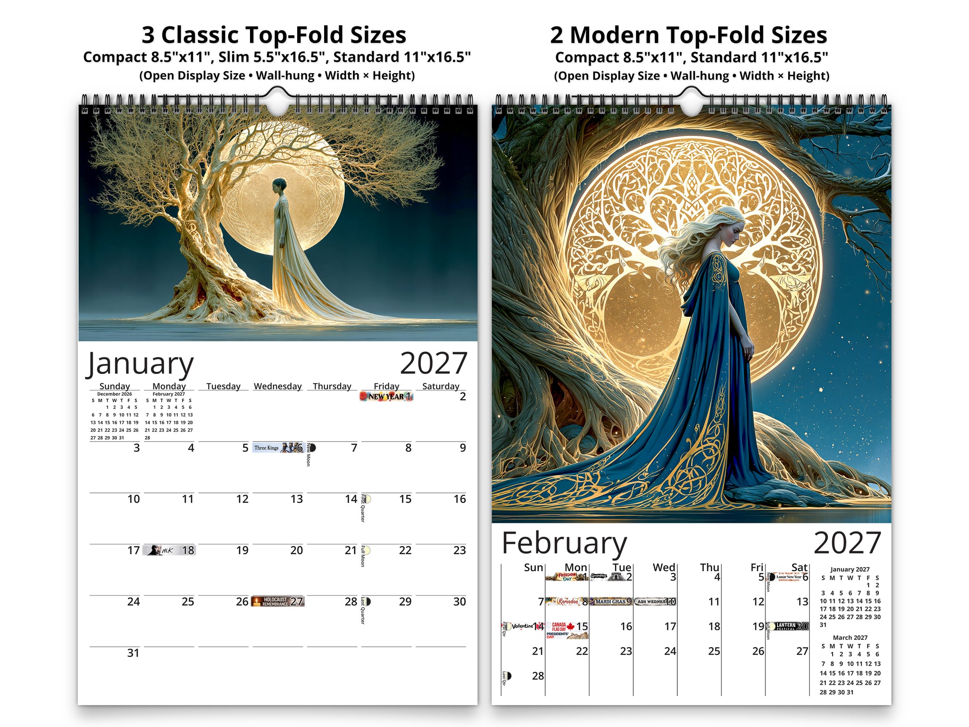 Two calendar pages for January and February 2027 showing a woman and tree design.