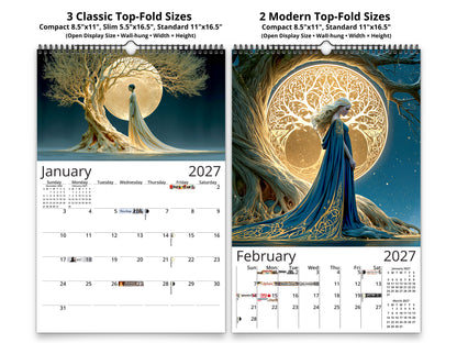 Two calendar pages for January and February 2027 showing a woman and tree design.