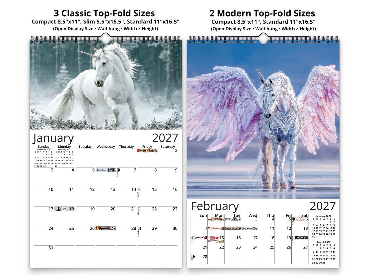 2027 Unicorn Wall Calendar by Kaleidoscope Artisan – Mystical Grace with Holidays