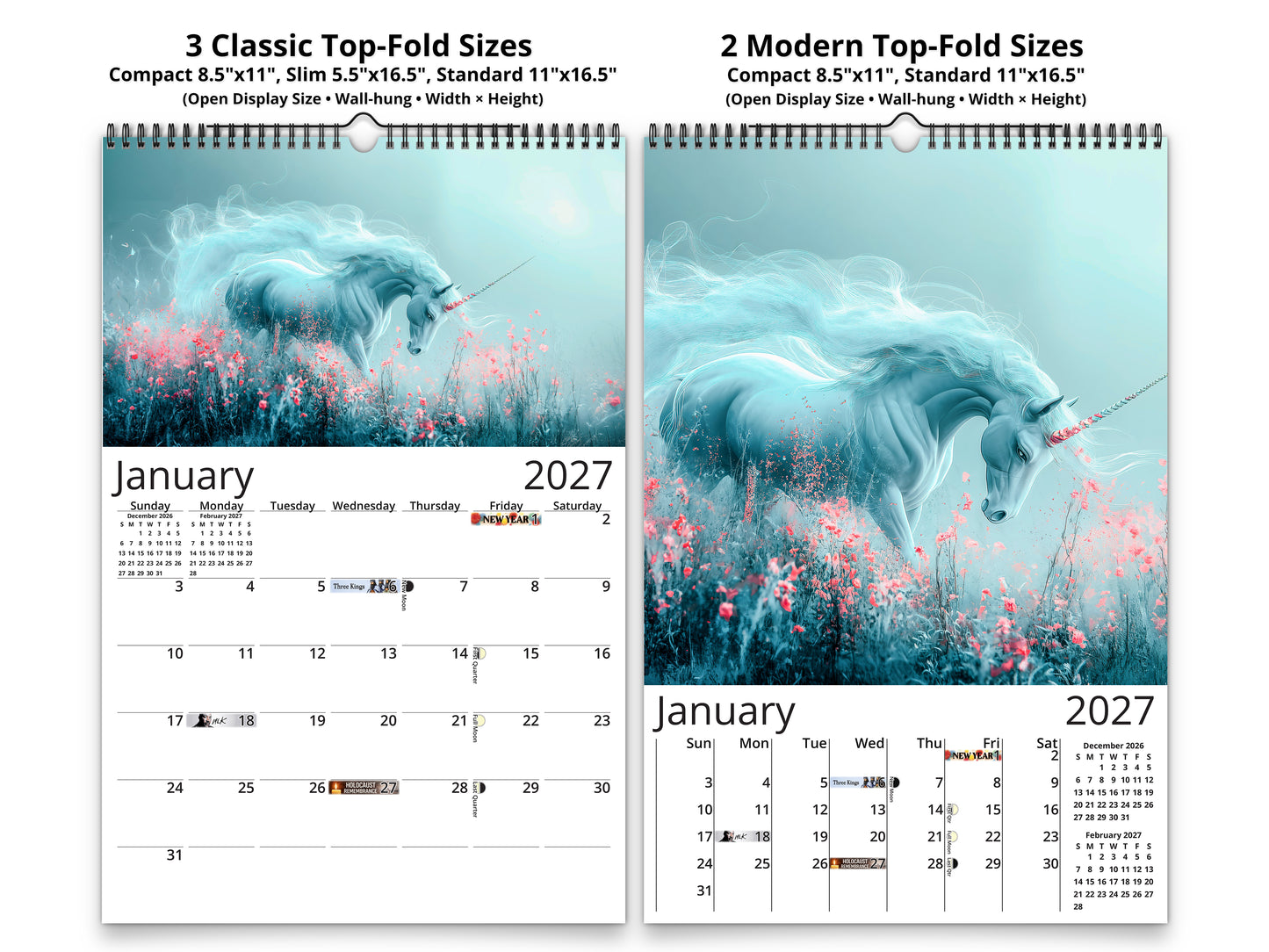 Two calendar designs with unicorns and flowers, showing January 2027, on a white background.