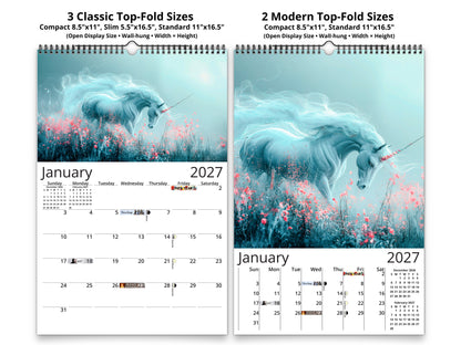 Two calendar designs with unicorns and flowers, showing January 2027, on a white background.