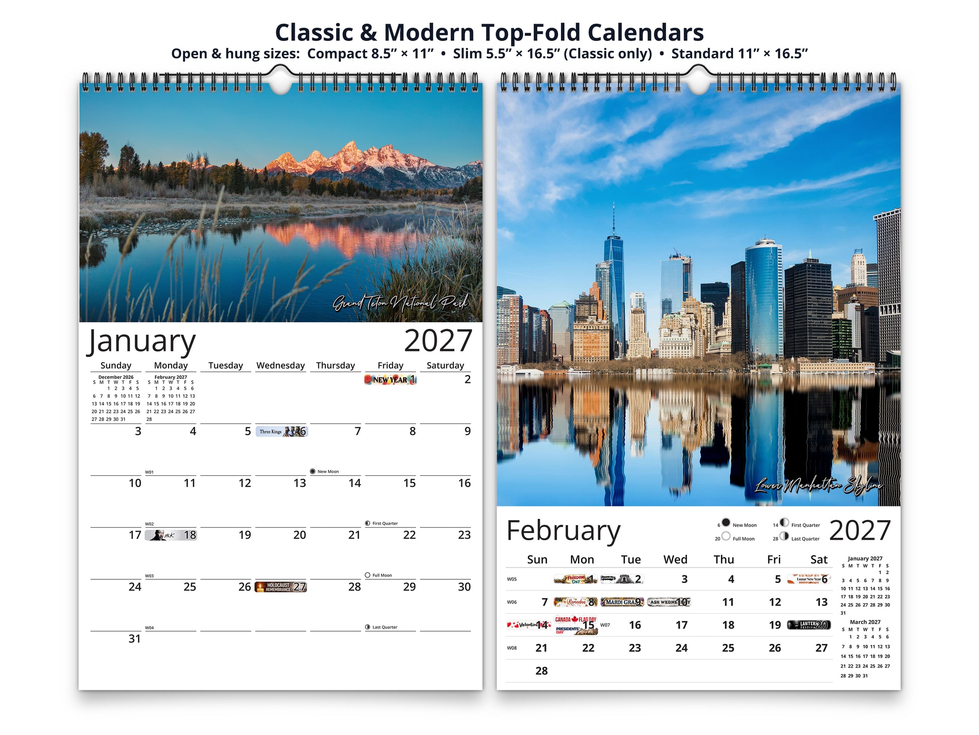 United States Vistas by Kaleidoscope Artisan - Cities and Landscapes with Holidays 2027 wall calendar top fold calendar interior pages