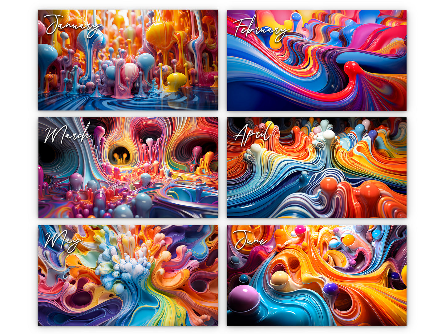 Calendario de pared de colores vivos 2026 de Kaleidoscope Artisan: arte en movimiento con las fiestas