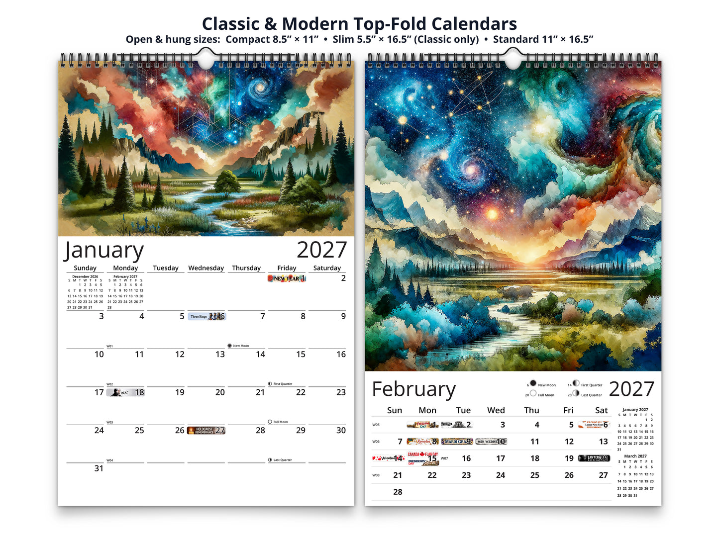 Watercolor Horizons 2027 wall calendar top fold calendar interior pages