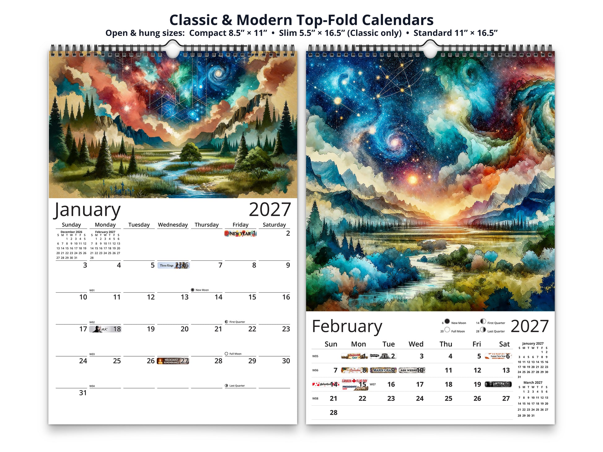 Watercolor Horizons 2027 wall calendar top fold calendar interior pages