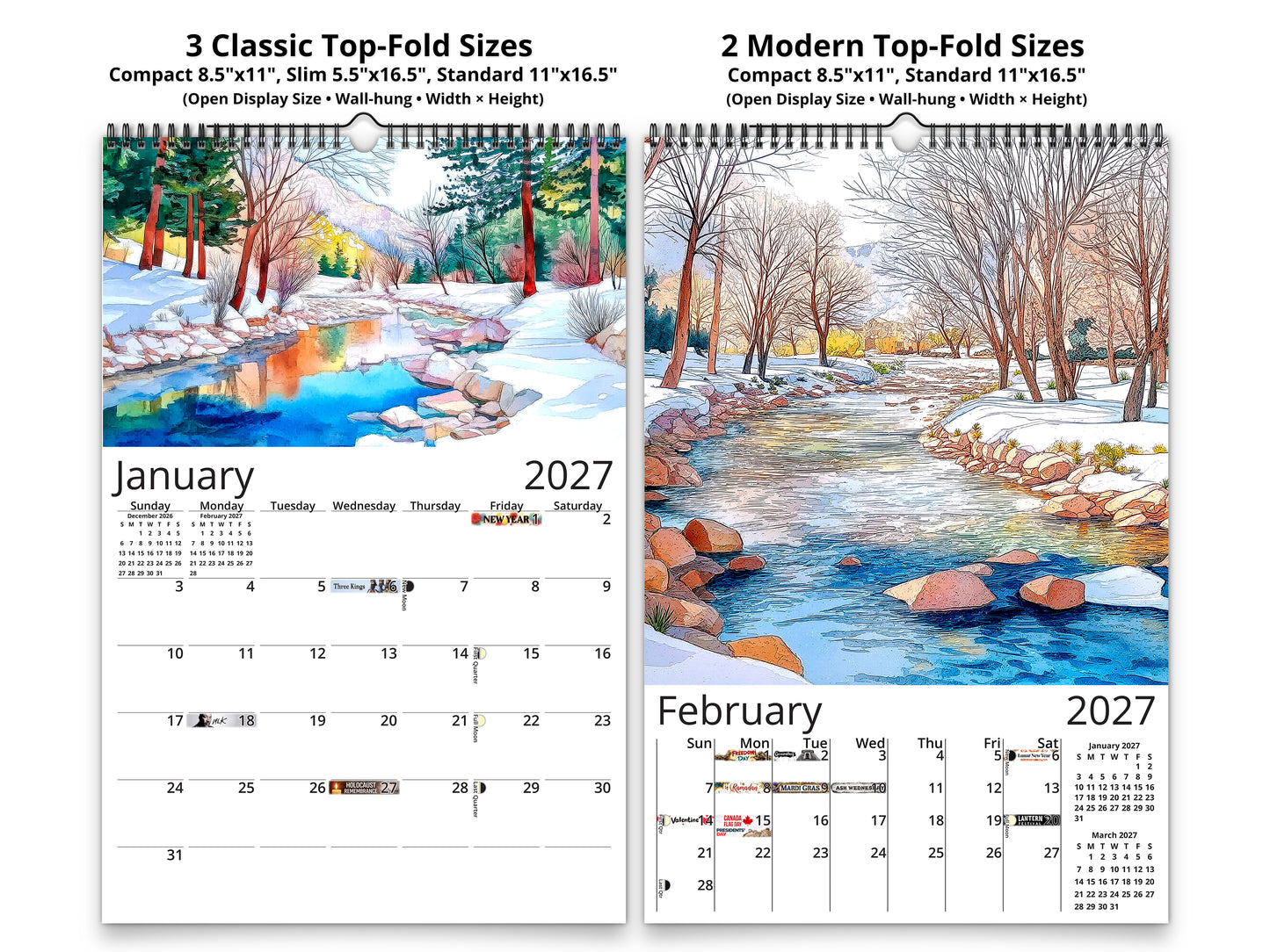 Two calendar pages for 2027 showing January and February with winter landscapes.