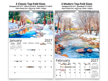 Two calendar pages for 2027 showing January and February with winter landscapes.