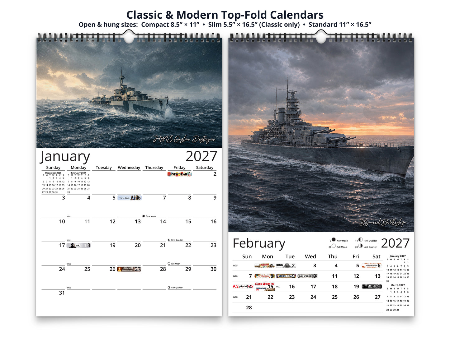 WWII Ships of Valor 2027 wall calendar top fold calendar interior pages