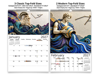 Zodiac Astrology 2027 wall calendar classic and notes mid-fold calendar pages