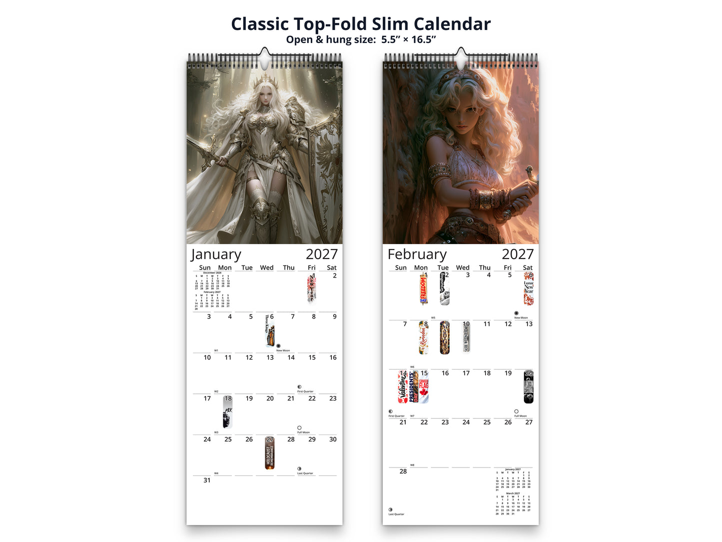 Anime Warrioress by Kaleidoscope Artisan - Mythic Guardians with Holidays 2027 wall calendar classic top-fold slim calendar pages