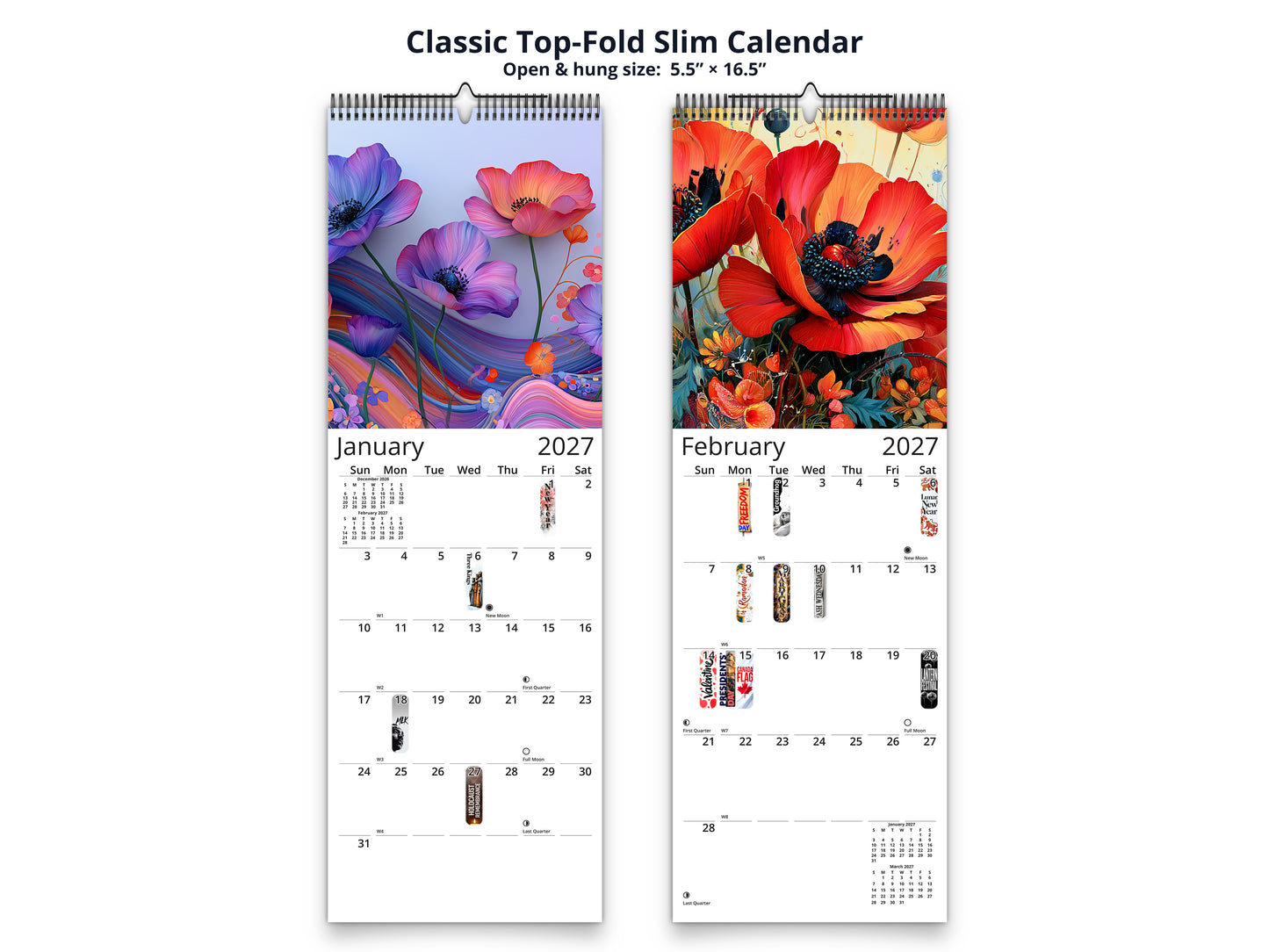 Artistic Flowers 2027 wall calendar classic top-fold slim calendar pages