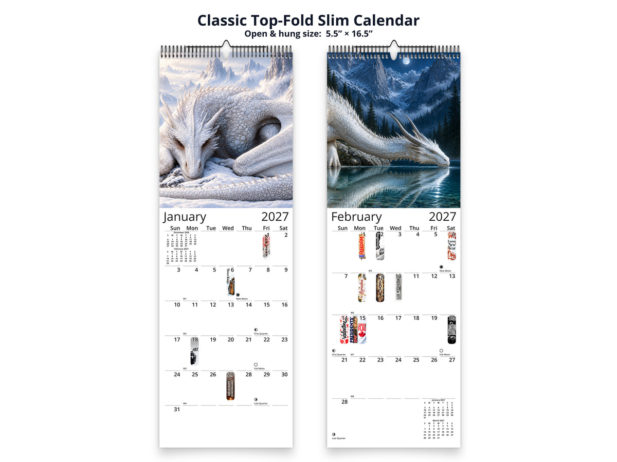 Fantasy Dragon slim calendars open to January and February, including the complete sleeping dragon face.