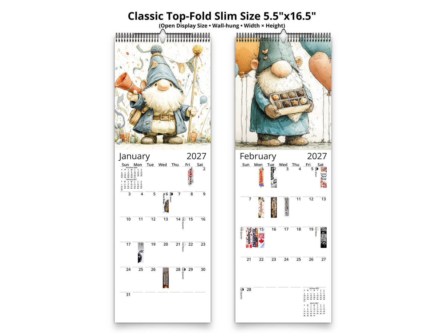 Two gnomes on a calendar for January and February 2027 with text indicating size and dimensions.